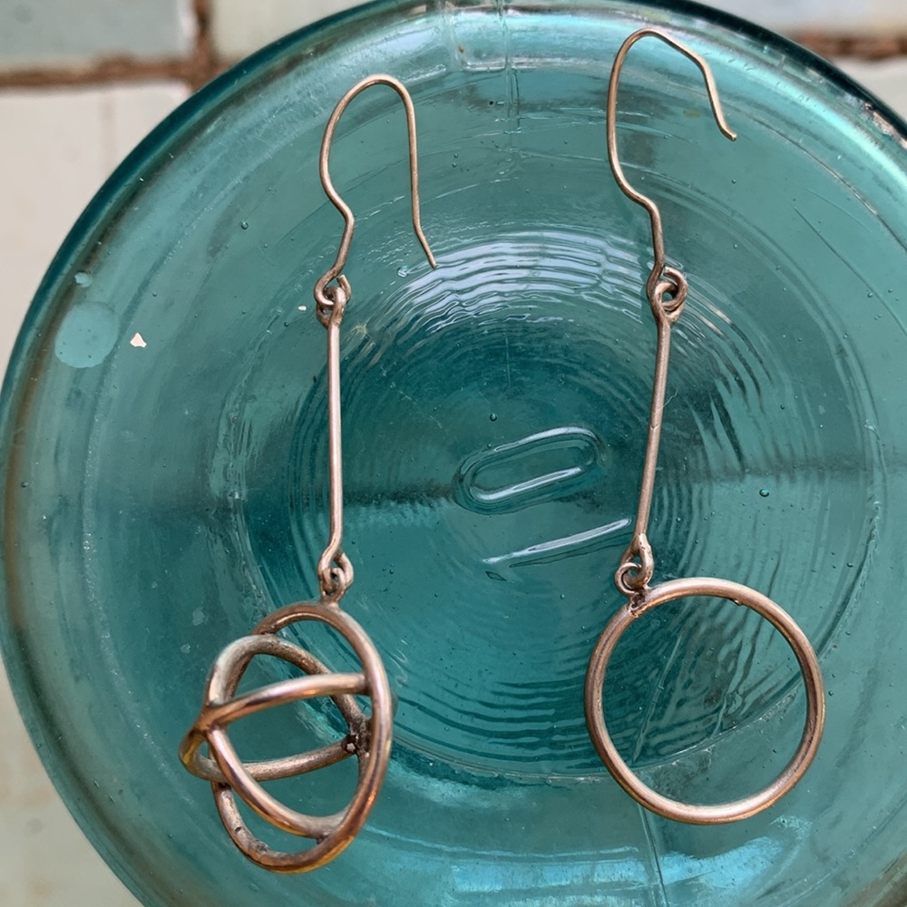 80’s Asymmetrical Silver Pierced Hanging Earrings - Picture 2 of 3